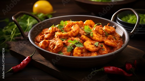 Indian cuisine: Prawns masala or Kolambi che Kalvan in Marathi. Chingri fry. Maharashtrian Prawns curry. Copy space. 