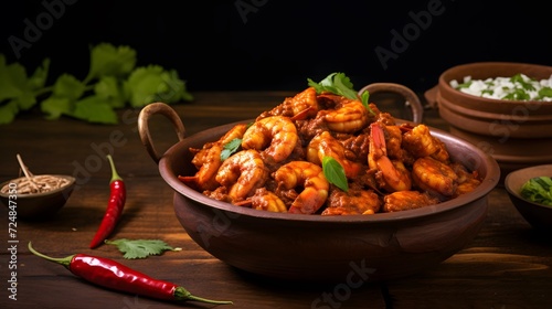 Indian cuisine: Prawns masala or Kolambi che Kalvan in Marathi. Chingri fry. Maharashtrian Prawns curry. Copy space.
