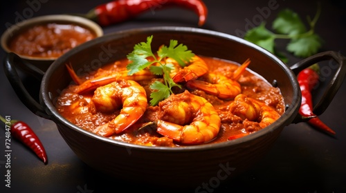 Indian cuisine: Prawns masala or Kolambi che Kalvan in Marathi. Chingri fry. Maharashtrian Prawns curry. Copy space. 
