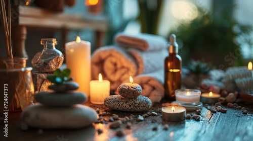 Beautiful spa treatment composition such as Towels  candles  essential oils  Massage Stones on light wooden background. blur living room  natural creams and moisturizing Healthy lifestyle  body care