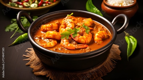 Indian cuisine: Prawns masala or Kolambi che Kalvan in Marathi. Chingri fry. Maharashtrian Prawns curry. Copy space.
