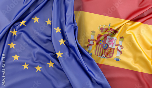 Ruffled Flags of European Union and Spain. 3D Rendering