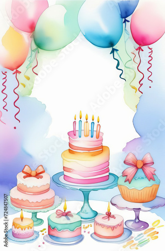 Colorful greeting card with cakes  candles  gift boxes  balloons in pastel colors. Happy birthday party concept.