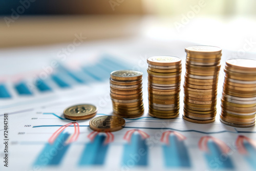 Stack of coins with business graph chart growth up , city background double exposure.