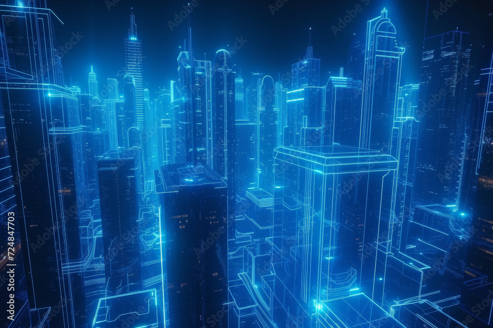 Obraz premium neon light blue virtual cityscape