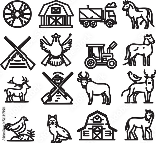 Farm and hunting animals, thin line icon set. Symbol collection in transparent background. Editable vector stroke photo