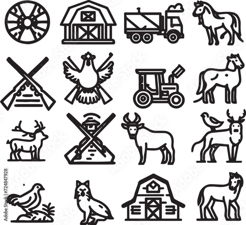 Farm and hunting animals, thin line icon set. Symbol collection in transparent background. Editable vector stroke
