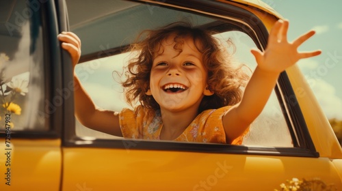 Happy children stretches her arms while sticking out car window. Lifestyle, travel, tourism, nature..family, travel, children, trip, journey, transportation