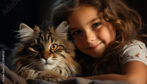 Smiling child embraces cute kitten in joyful togetherness generated by AI