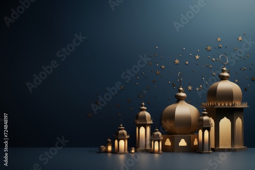 Crescent moon realistic eid mubarak. eid mubarak background with moon, stars, lanterns
