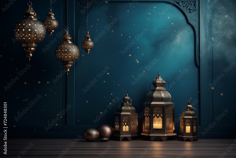 Crescent moon realistic eid mubarak. eid mubarak background with moon, stars, lanterns Crescent moon realistic eid mubarak. eid mubarak background with moon, stars, lanterns