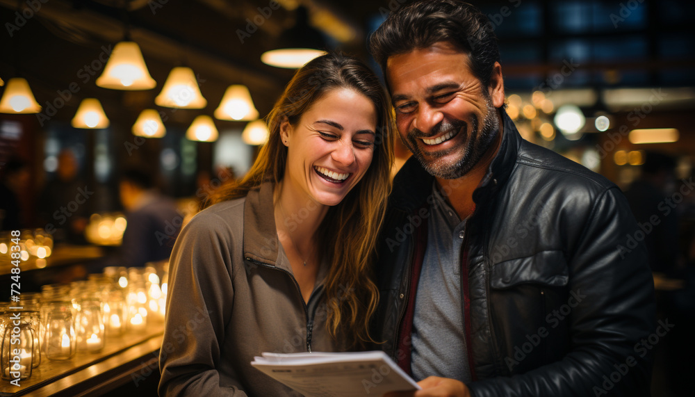 Young couple sitting in a coffee shop, smiling generated by AI