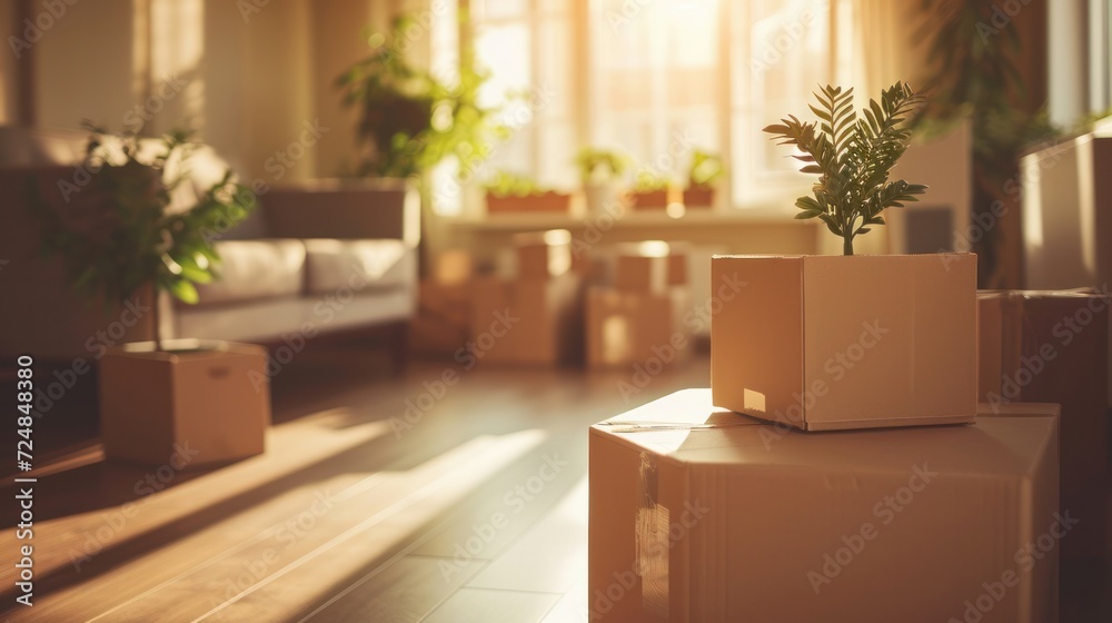 Moving house, relocation. New house, inside the room was a cardboard box containing personal belongings and furniture. move in the apartment or condominium. Generate by AI
