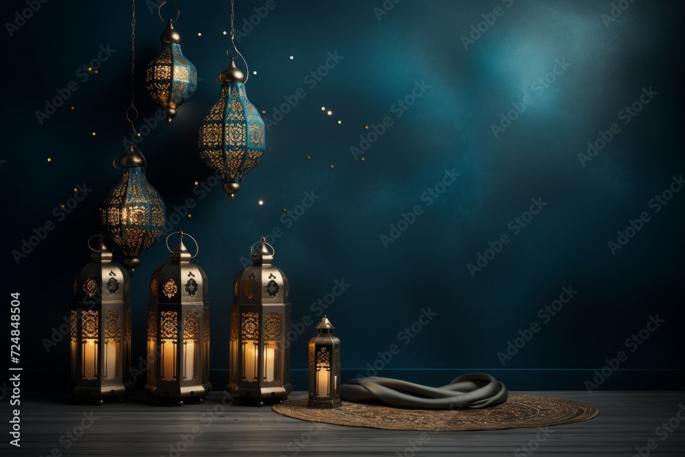 Crescent moon realistic eid mubarak. eid mubarak background with moon, stars, lanterns Crescent moon realistic eid mubarak. eid mubarak background with moon, stars, lanterns
