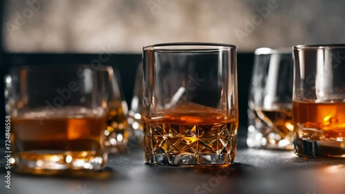 Beautiful whisky glass isolated on warm dark background with ample space for different text placement, generated AI photo