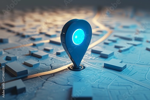 A dark blue location indicator on city map in 3D rendering. City map with a blue GPS location icon determining the exact meeting point.