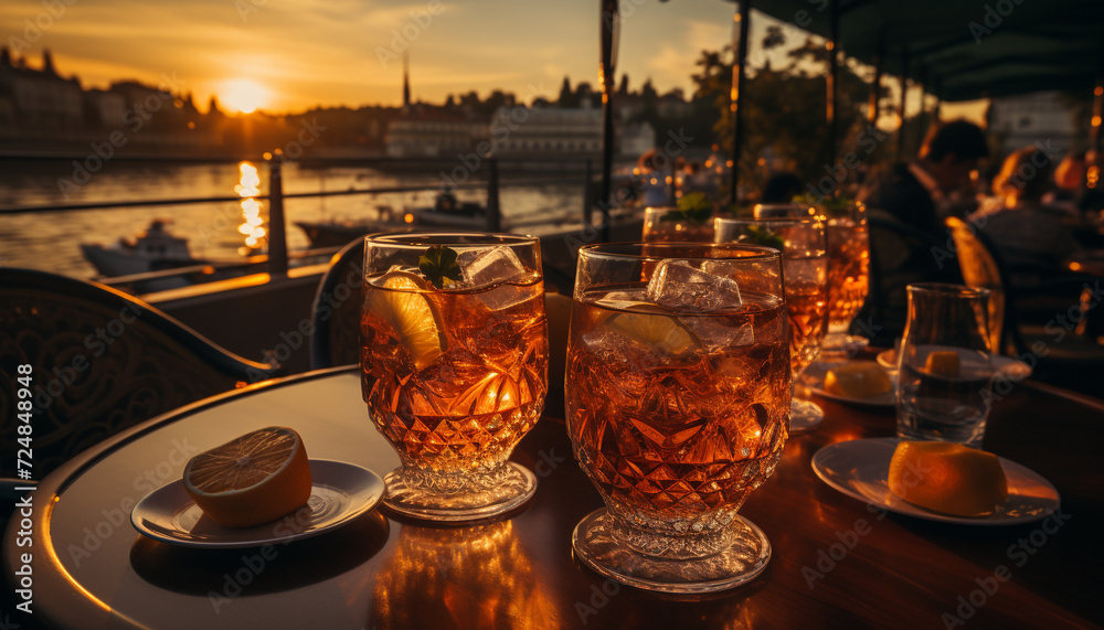 Fototapeta premium Table with drinks, bar at dusk, outdoor celebration generated by AI