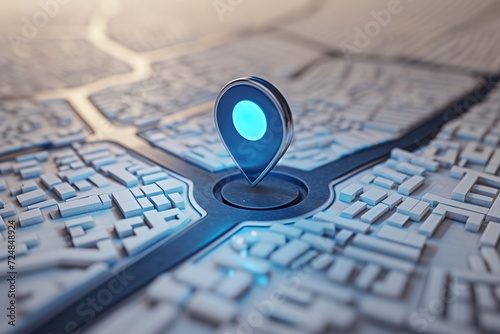 A dark blue location indicator on city map in 3D rendering. City map with a blue GPS location icon determining the exact meeting point.