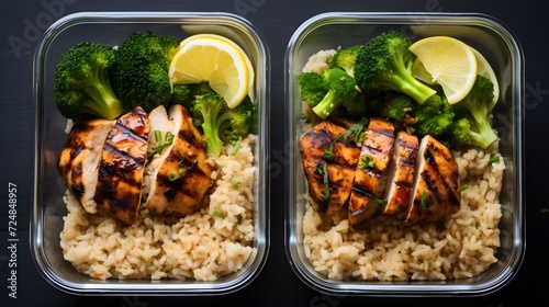 Meal prep containers with grilled chicken, brown rice, and steamed broccoli. © Ziyan Yang