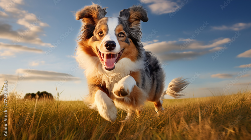dog, Australian Shepherd running running on a grass 
