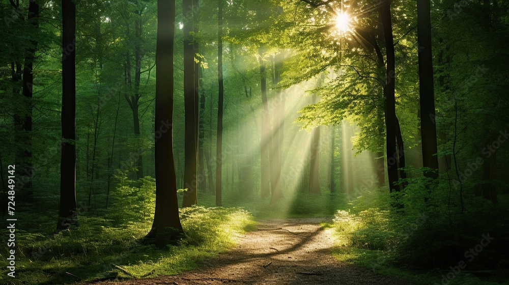 Obraz premium Forest landscape, Beautiful sunlight in green forest