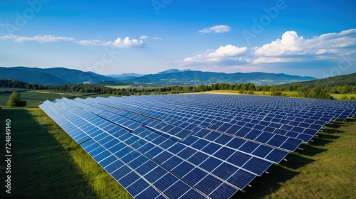 Solar cell in solar farm, Alternative energy and sustainable energy, photovoltaic, Pure energy renewable, clean energy, solar energy, reduce global warming, environment, green energy, generate by .AI