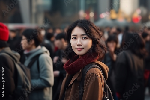 young beautiful chinese woman in beige coat walking in the city.