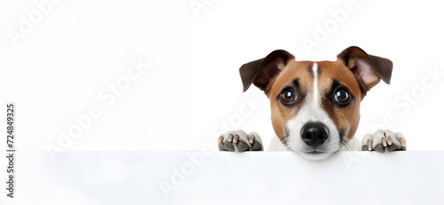 Jack russell terrier peeking from behind a white banner. © Галя Дорожинська