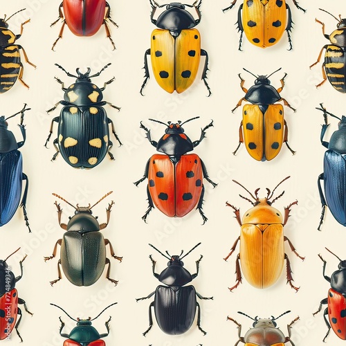 Seamless pattern with various beetles on a white background.