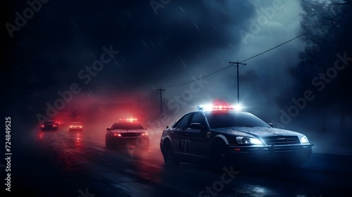 Police cars driving at night chasing a car in fog 911 police car rushing to crime scene