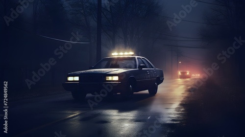 Police cars driving at night chasing a car in fog 911 police car rushing to crime scene © Ziyan Yang