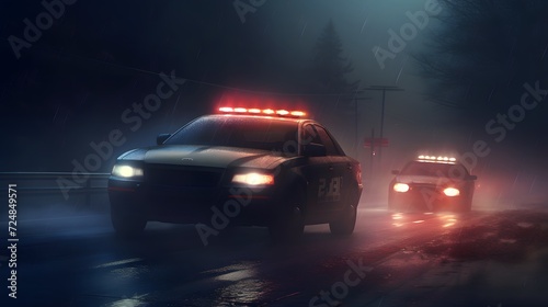Police cars driving at night chasing a car in fog 911 police car rushing to crime scene