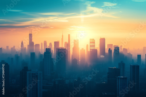 Watch the ideal dawn unfold over a city skyline silhouette  with towering skyscrapers in a scenic urban landscape  creating a panoramic cityscape that captures the essence of modern architecture
