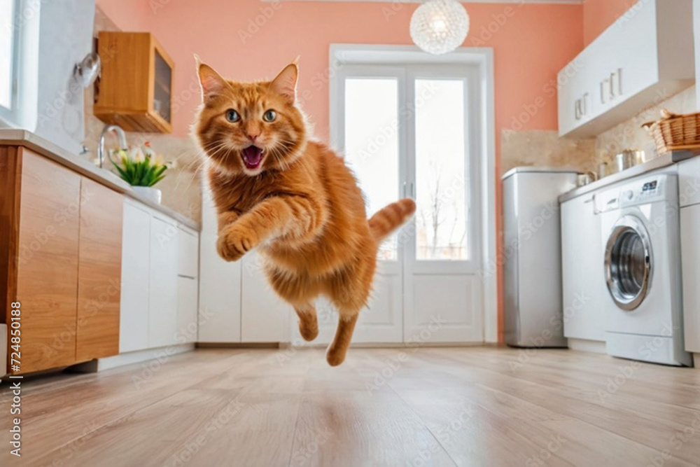 A funny red cat is jumping in the room. Crazy playful cat jumping.