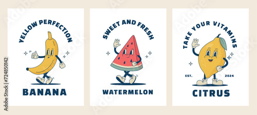 Set of retro cartoon watermelon, banana, lemon characters print, poster. Vintage tropical fruit, citrus mascot vector illustration.
