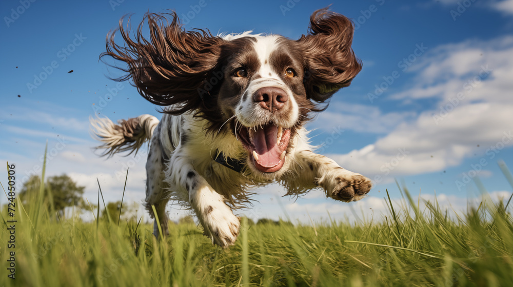 Dog, English Springer Spaniel running on the grass