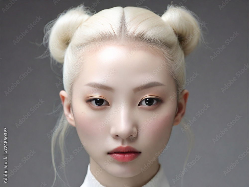 portrait of an albino girl, Asian appearance, with makeup on a dark background. variety and fashion