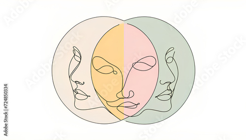Style of one-line art featuring three abstract faces