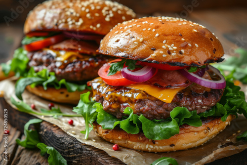 Indulge in the deliciousness of an epicurean beef burger – a classic American favorite with juicy meat, melted cheese, fresh lettuce, and savory sauce, all nestled in a sesame-seed bun. © tonstock