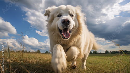 dog, Great Pyrenees running on a grass 