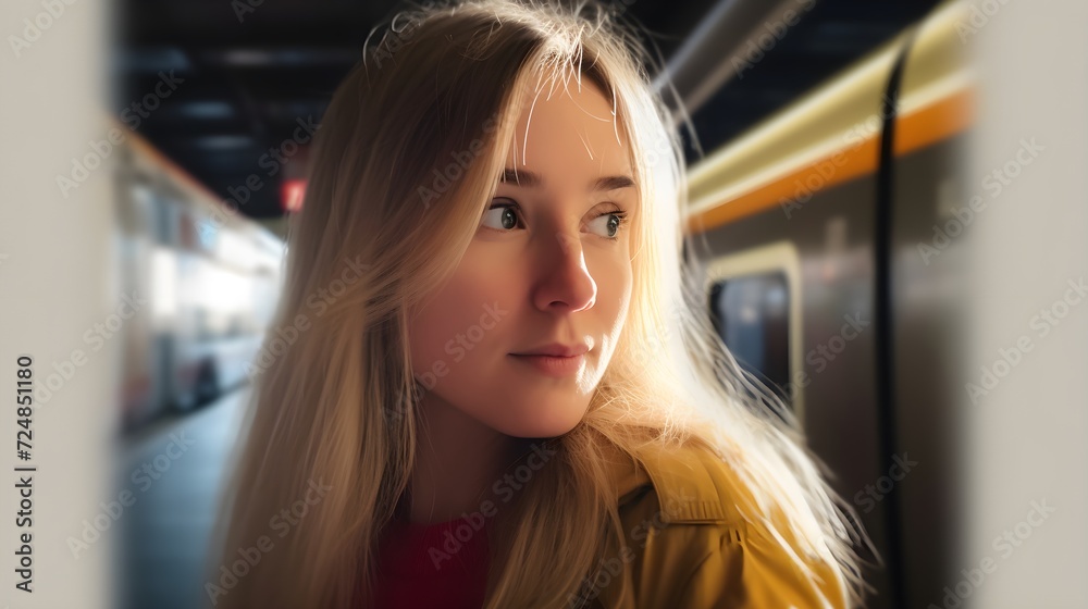 Close-up portrait of a woman at a train station. Close-up portrait of a woman at a train station.