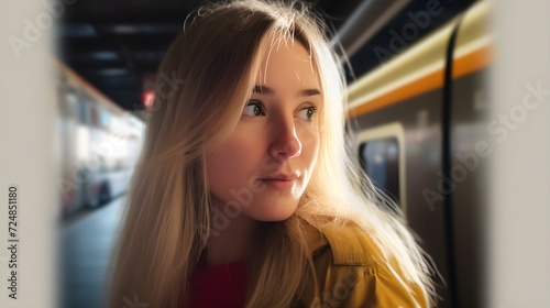 Close-up portrait of a woman at a train station.
