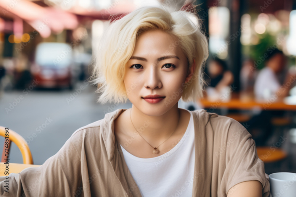 an albino girl of Asian appearance walks along the noisy streets of a noisy metropolis