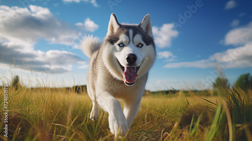 dog  Siberian Husky running on a grass