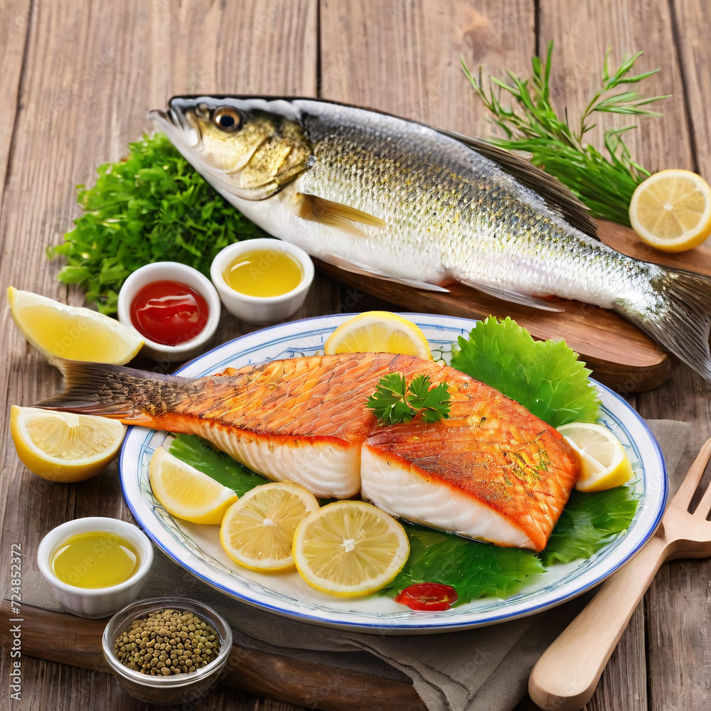 fish with vegetables on a plate with sauce and lemon fish with vegetables on a plate with sauce and lemon
