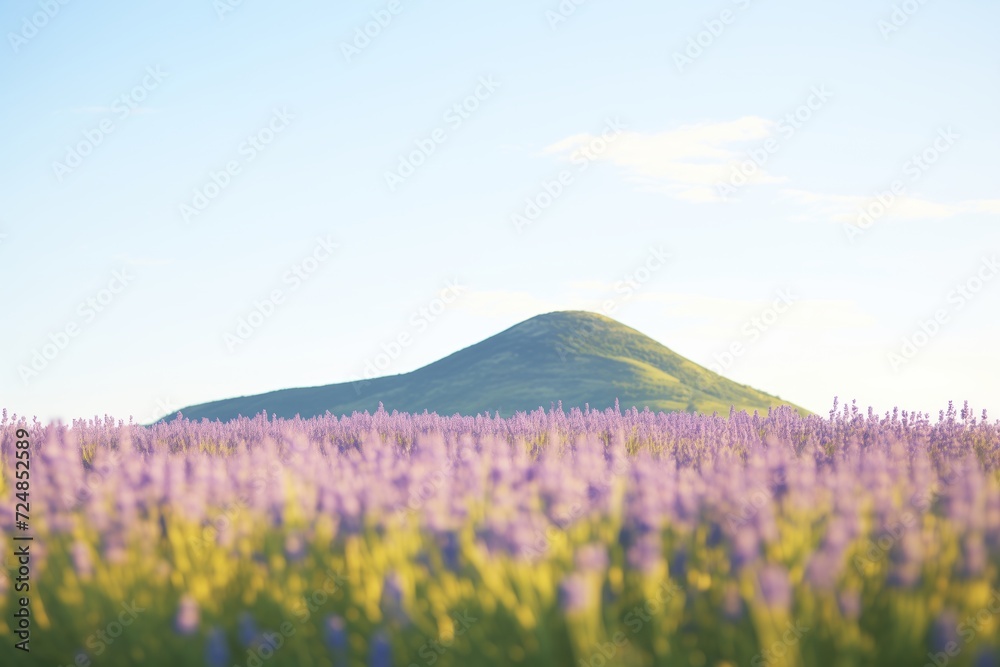 distant view of a hill covered in lavender blooms under clear sky