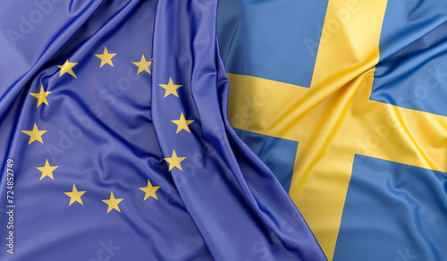 Ruffled Flags of European Union and Sweden. 3D Rendering