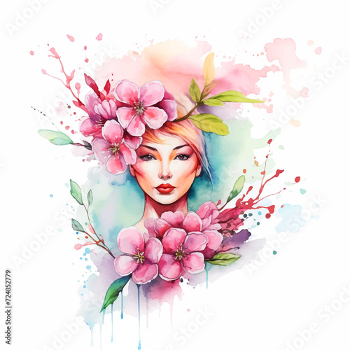Beautiful girl surrounded by flowers watercolor paint © Florin