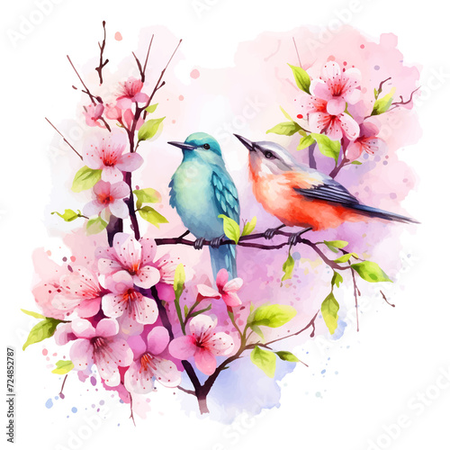 Birds standing on flower branch watercolor paint