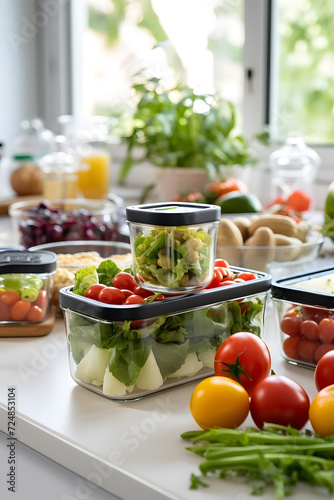 Salads and vegetables in tupperware. Batch cooking food